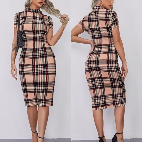 Dresses & Skirts - Plaid high neck short sleeve midi pencil dress tan